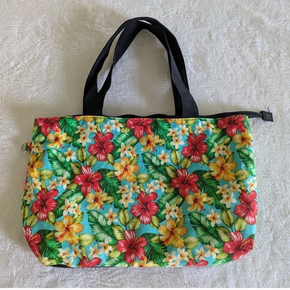Tropical Floral Zipper Tote Bag Hibiscus & Plumeria Hawaiian Print Vacation - Picture 1 of 11